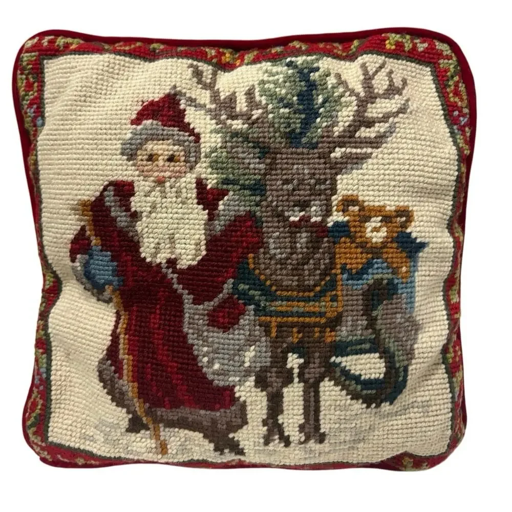 Vintage Christmas Accent Needlepoint Santa & Reindeer Pillow Red Velvet 9x9